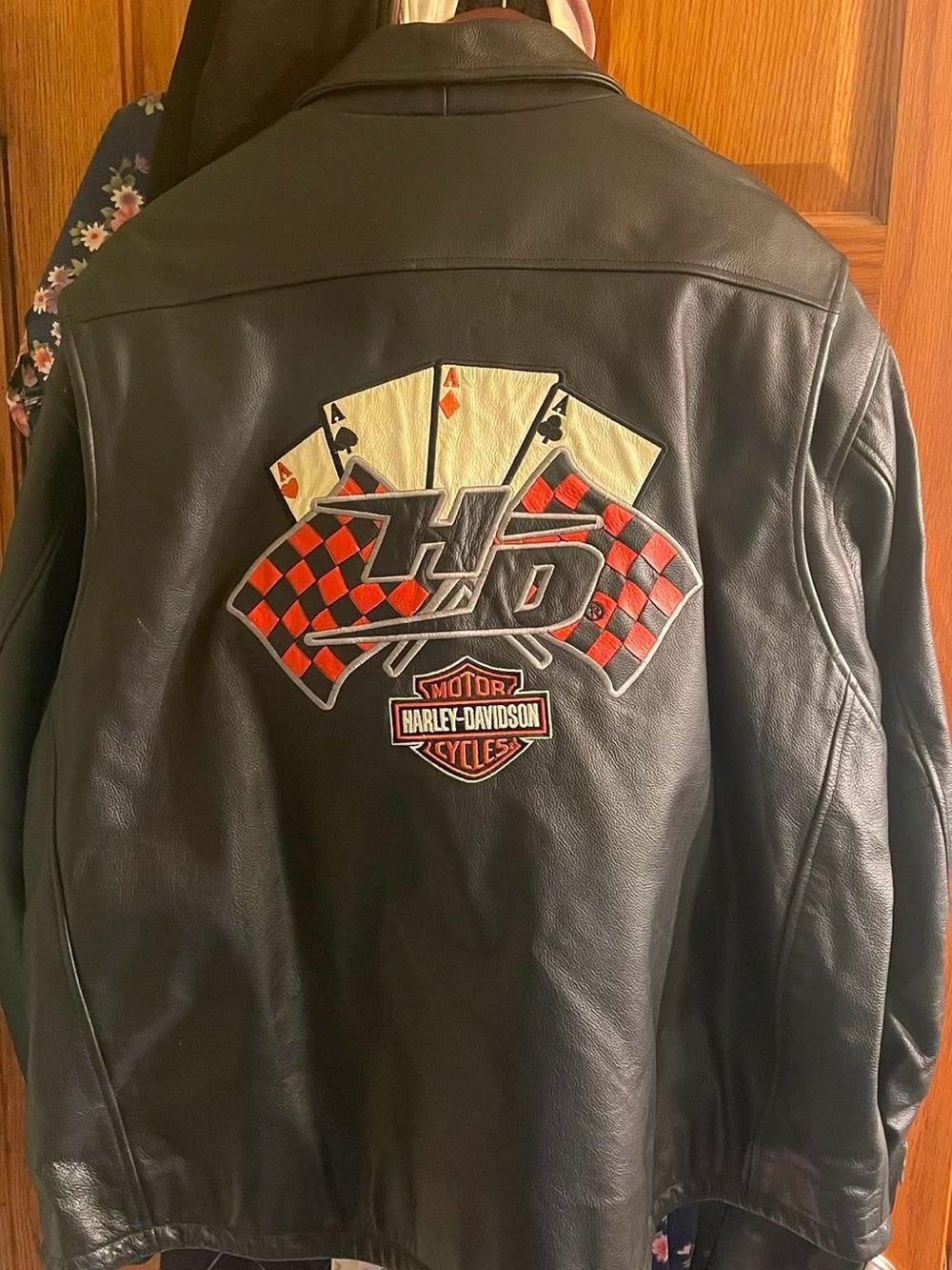 3XL Vintage Harley-Davidson Black Leather Riding Jacket with Aces High graphics.